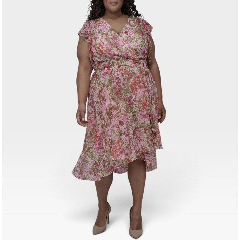DKNY Pink Multicolor Floral V Neck Flutter Sleeve Faux Wrap Midi Dress Size 18W
